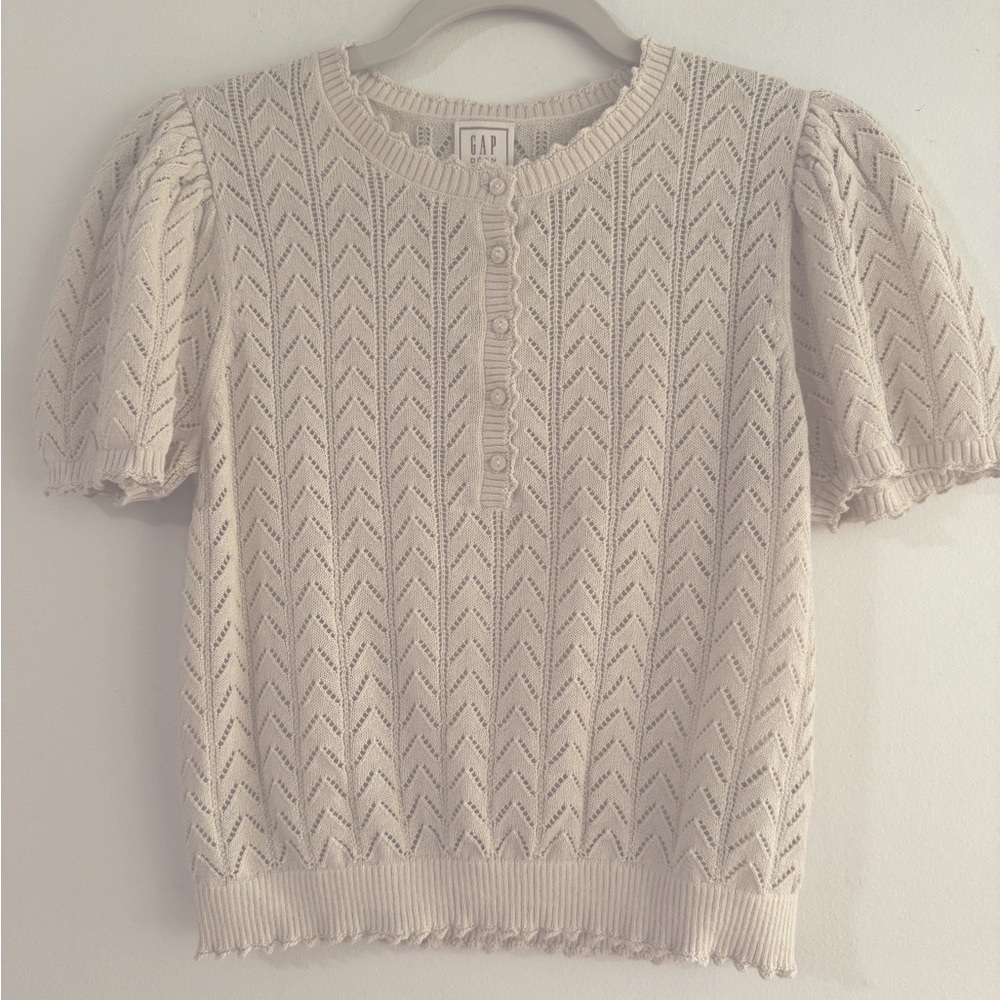 GAP Doen Linen Blend Pointelle Beige Short Sleeve Knit Sweater
